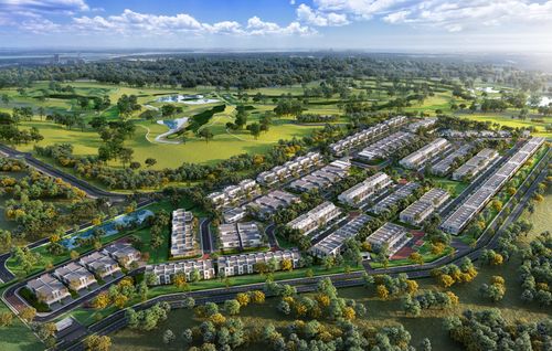 An artist's impression of an aerial view of The Kews neighbourhood, showing several rows of modern townhouses surrounded by greenery and a neighbouring golf course in the distance.